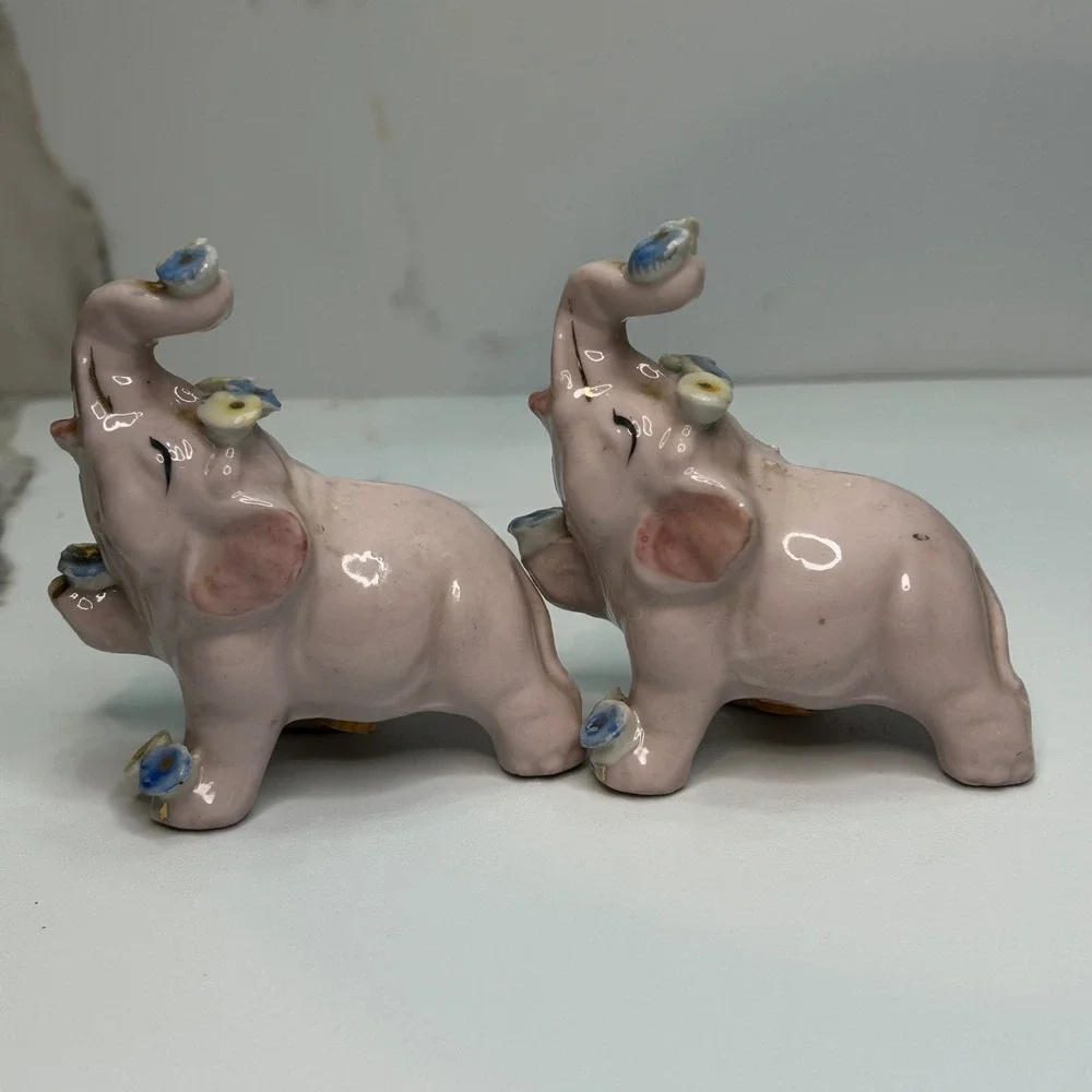Vintage Pink Elephant Salt and Pepper Shakers Japan Ceramic Floral Gold Trim